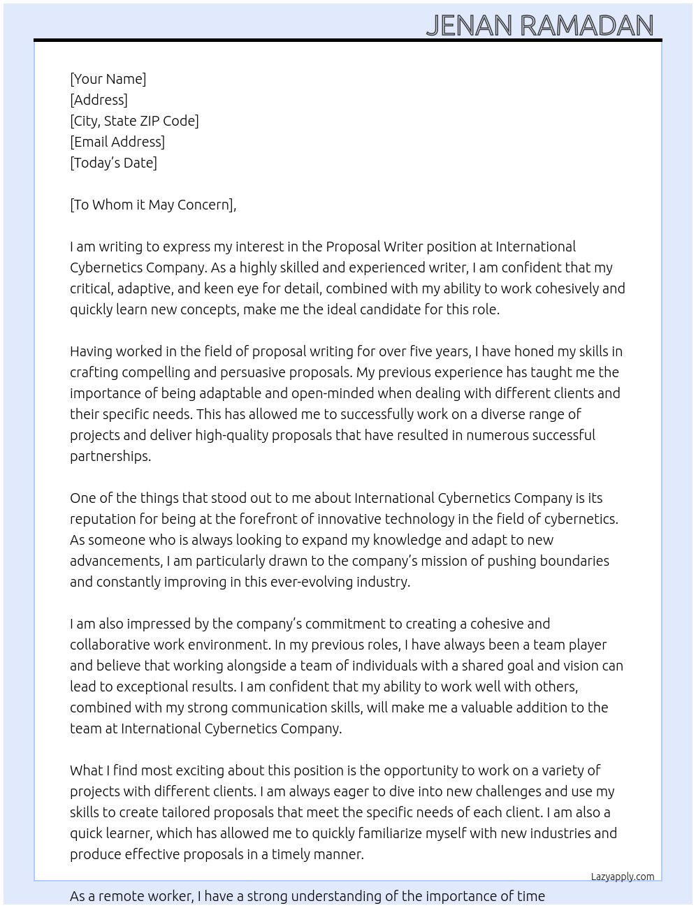 Proposal Writer At International Cybernetics Company Cover Letter