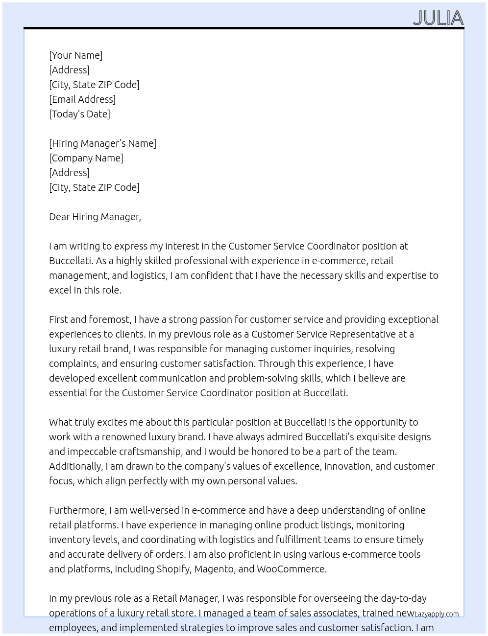 Customer Service Coordinator  At Buccellati Cover Letter