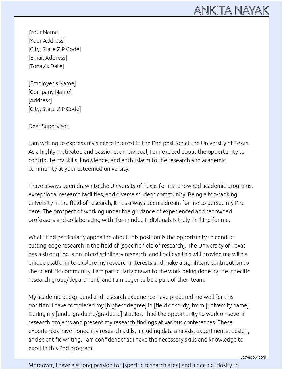 Phd At university of Texsas Cover Letter