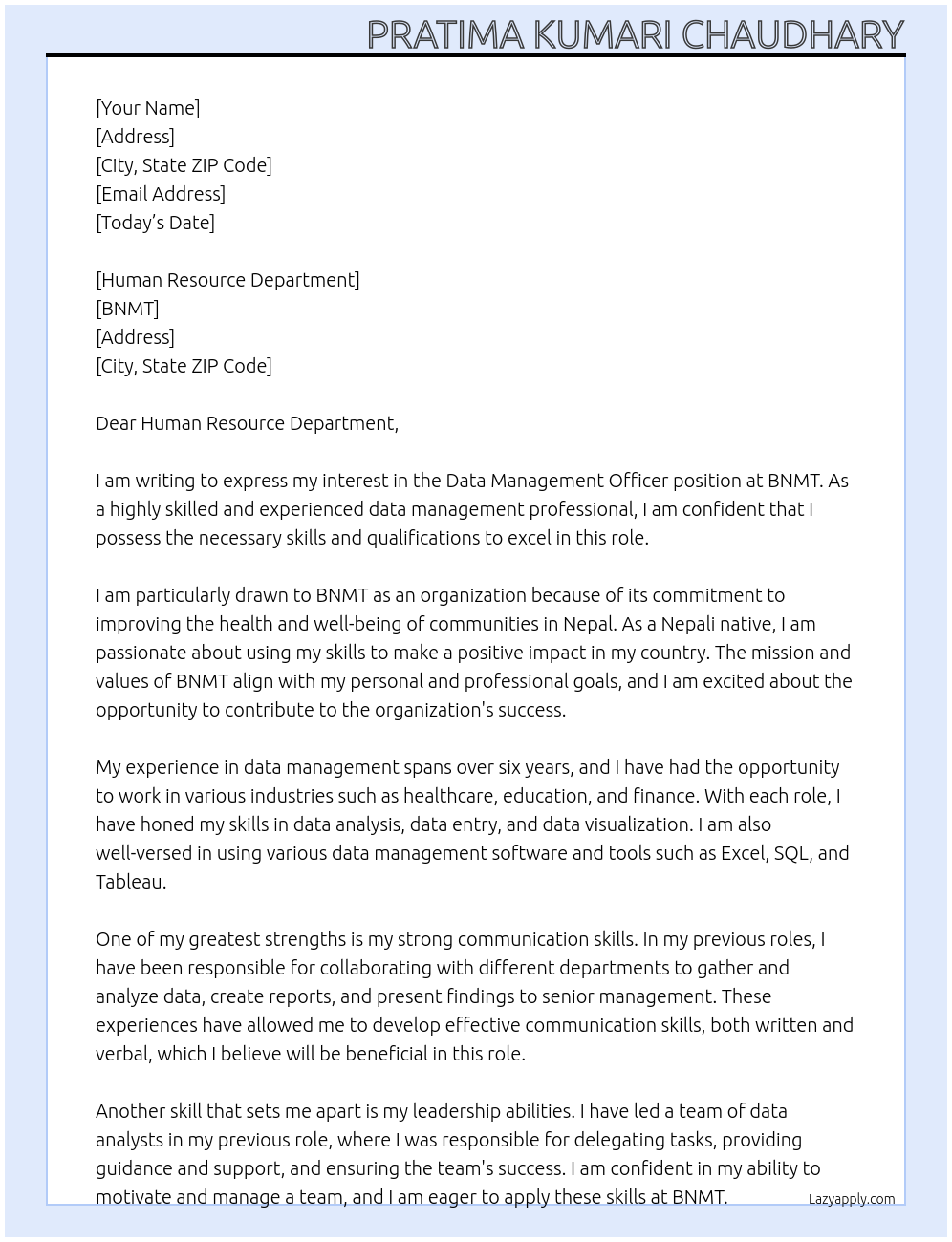 Data management officer At BNMT Cover Letter