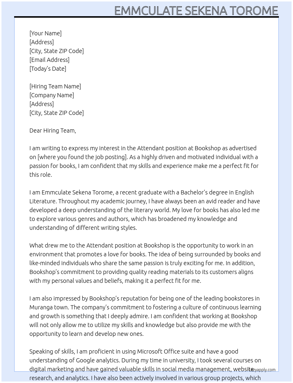 attendant At Bookshop Cover Letter