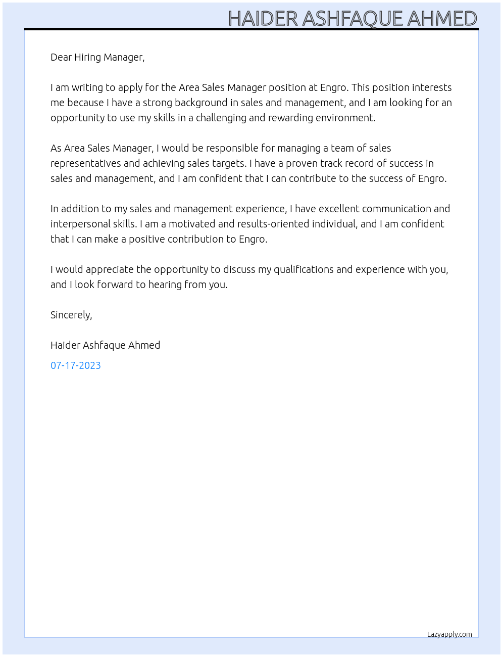 Area Sales Manager At Engro Cover Letter