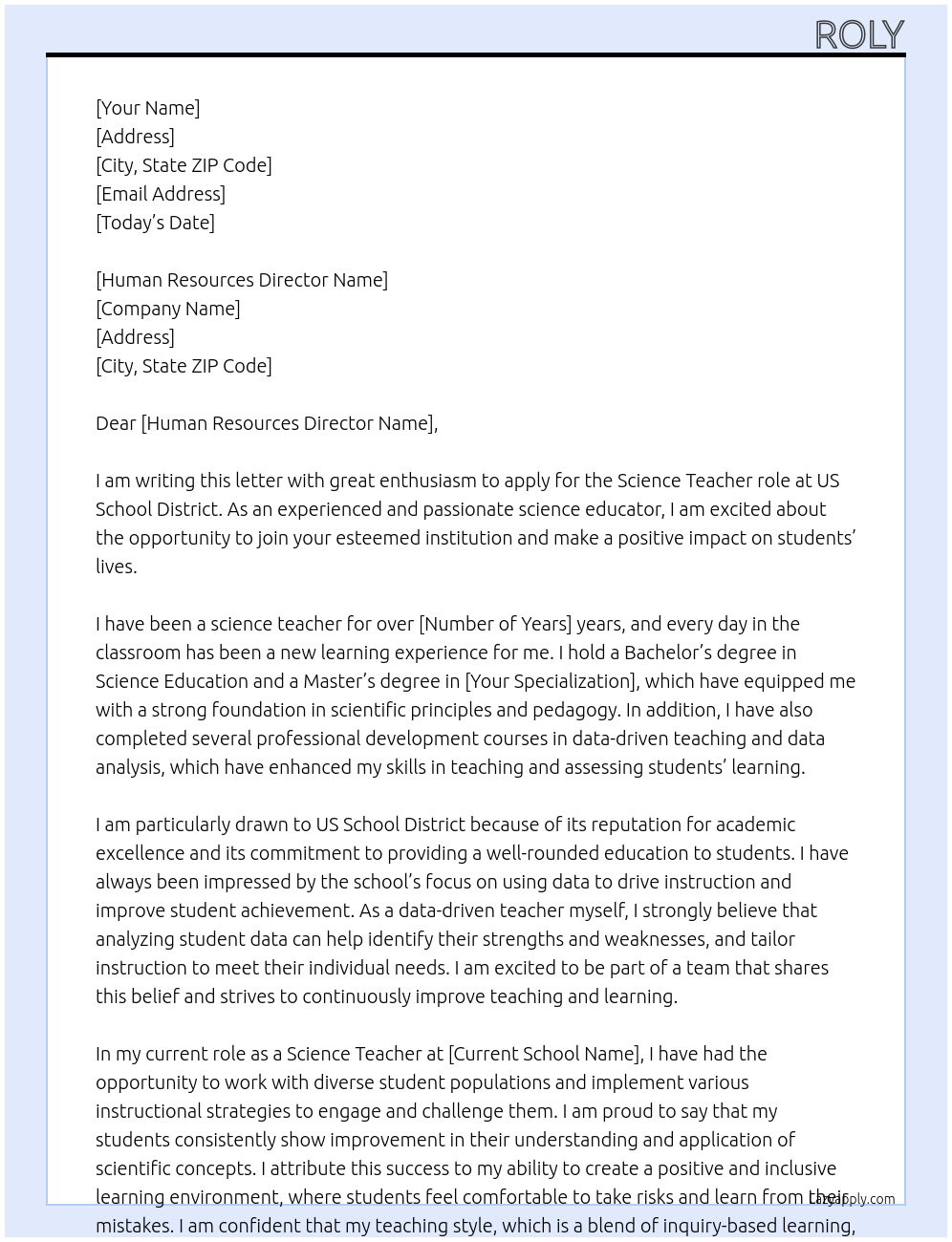 Science teacher At US School  District Cover Letter