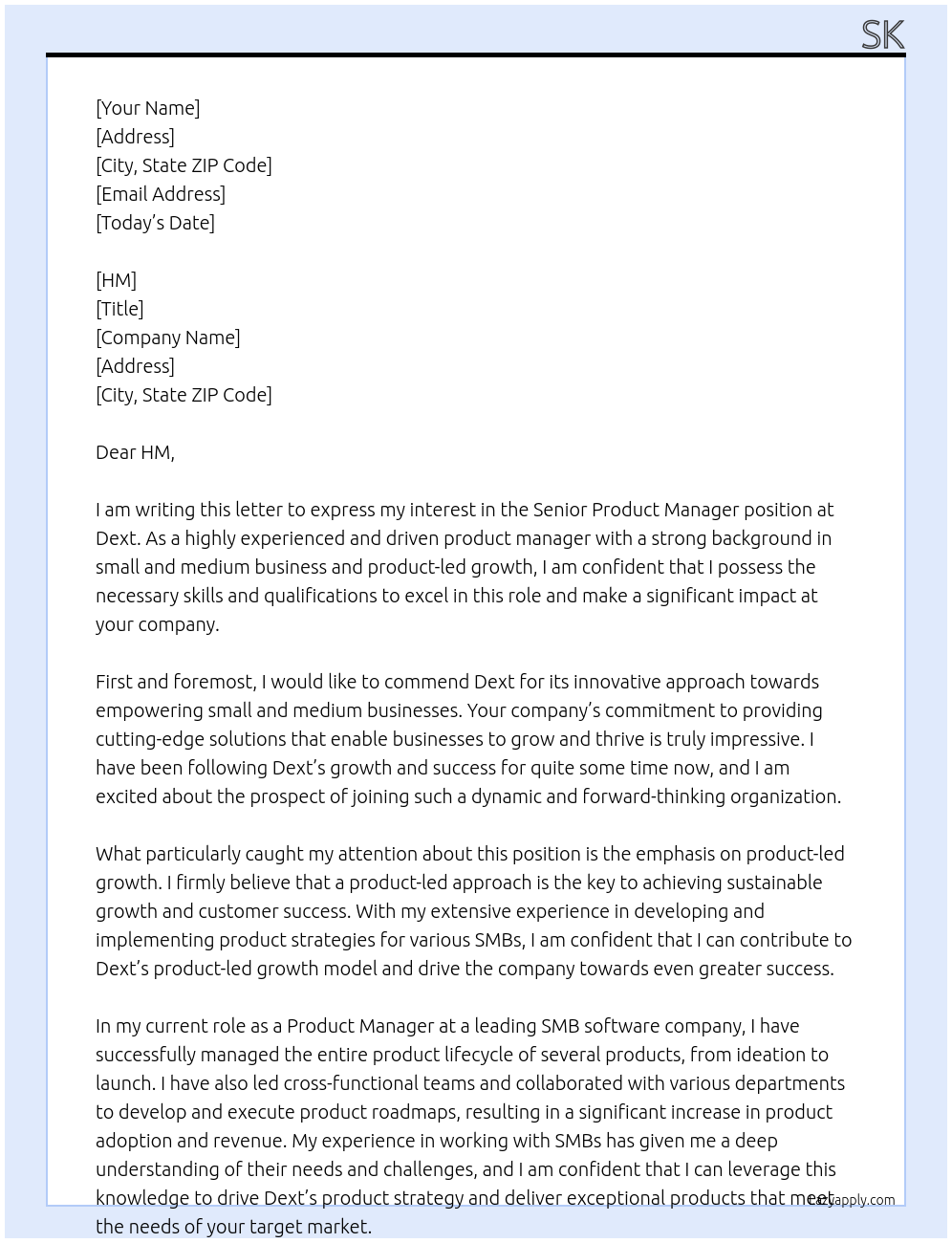 Senior Product manager At Dext Cover Letter