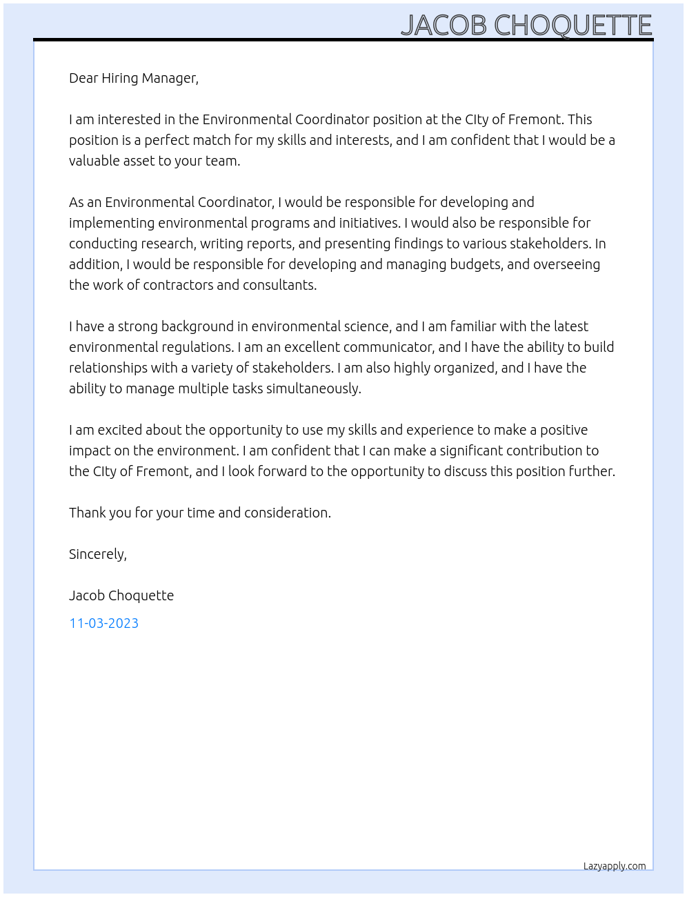 Cover letter for environmental coordinator - LazyApply