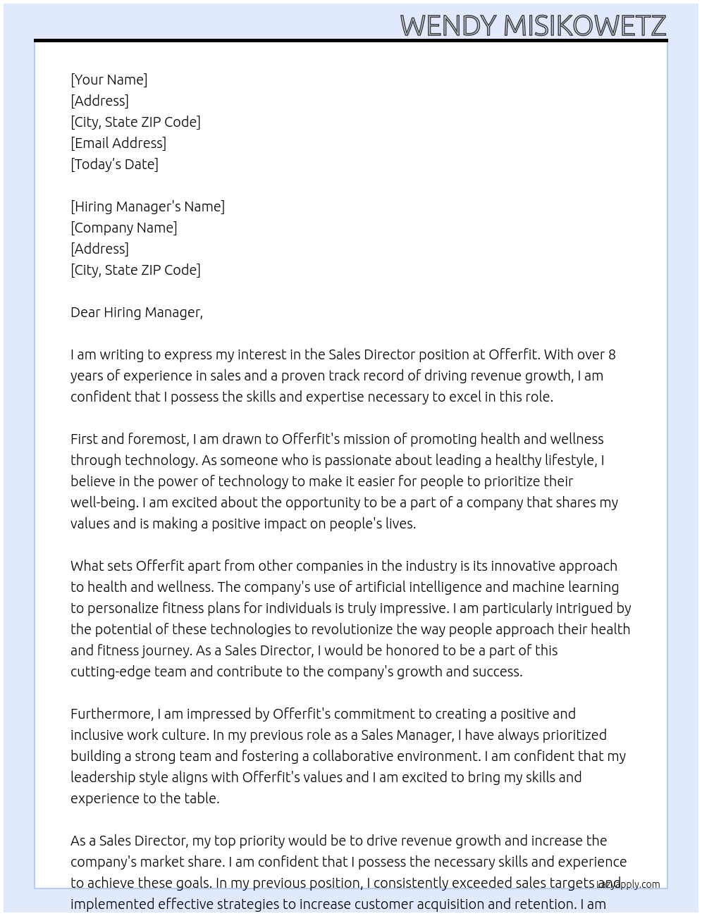 Sales Director At Offerfit Cover Letter