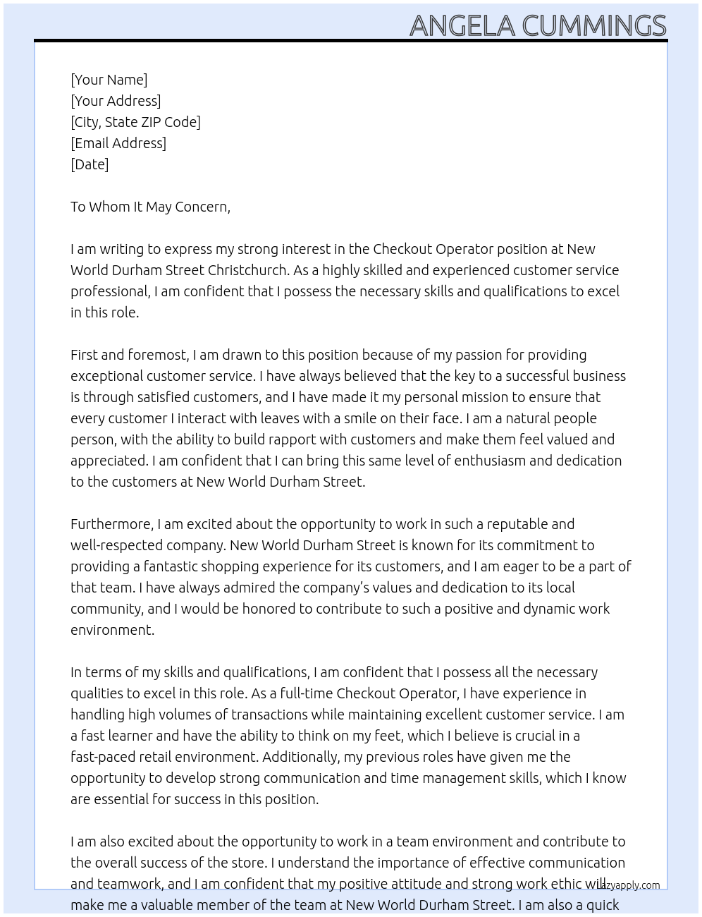 Checkout Operator At New World Durham Street Christchurch Cover Letter