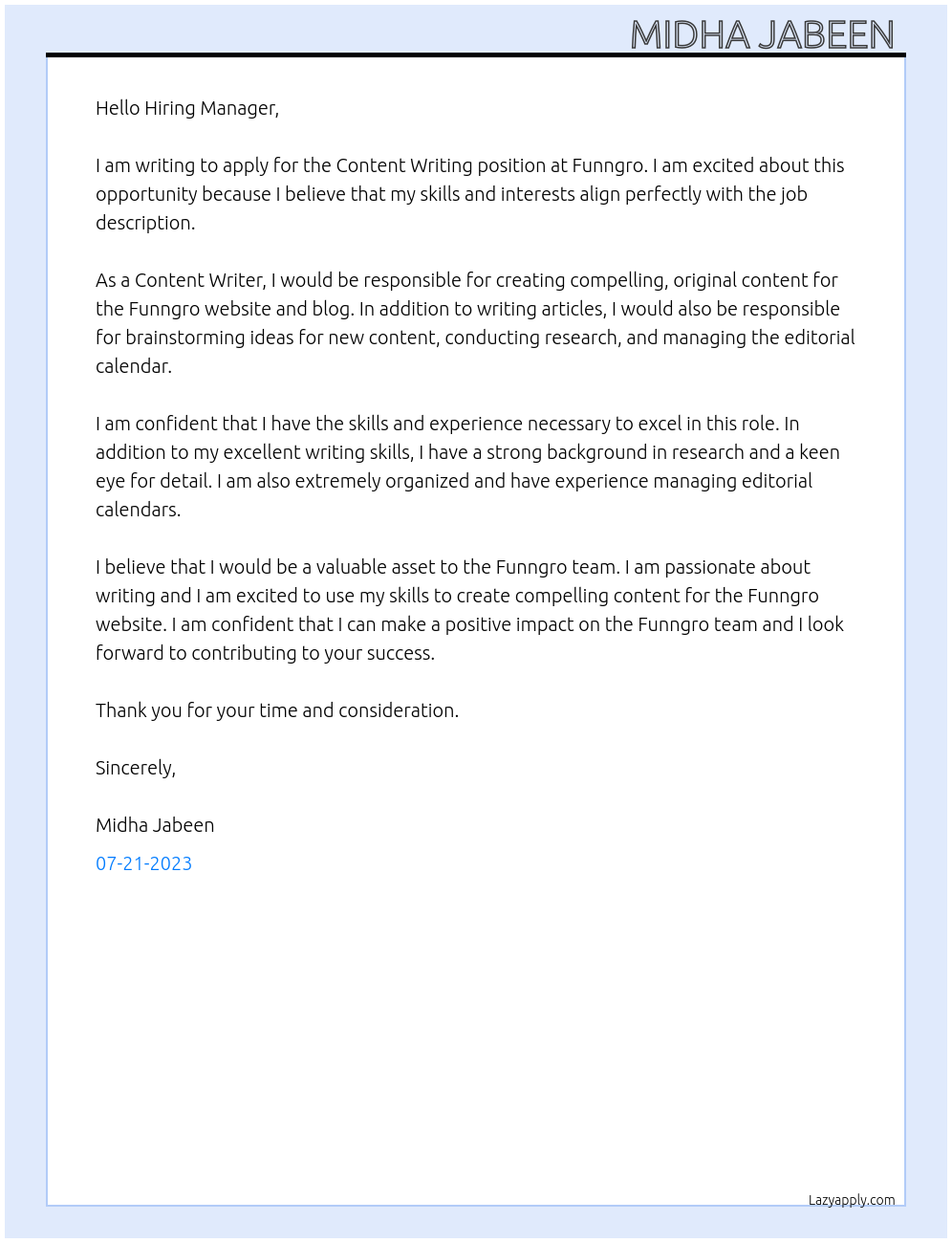 Content Writing At Funngro Cover Letter