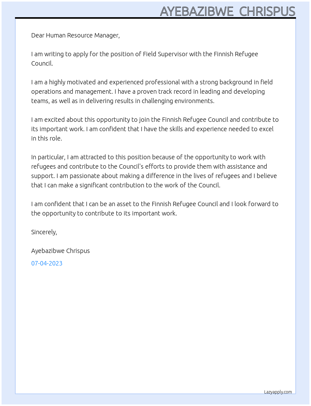 Field supervisor At Finnish Refugee Council Cover Letter