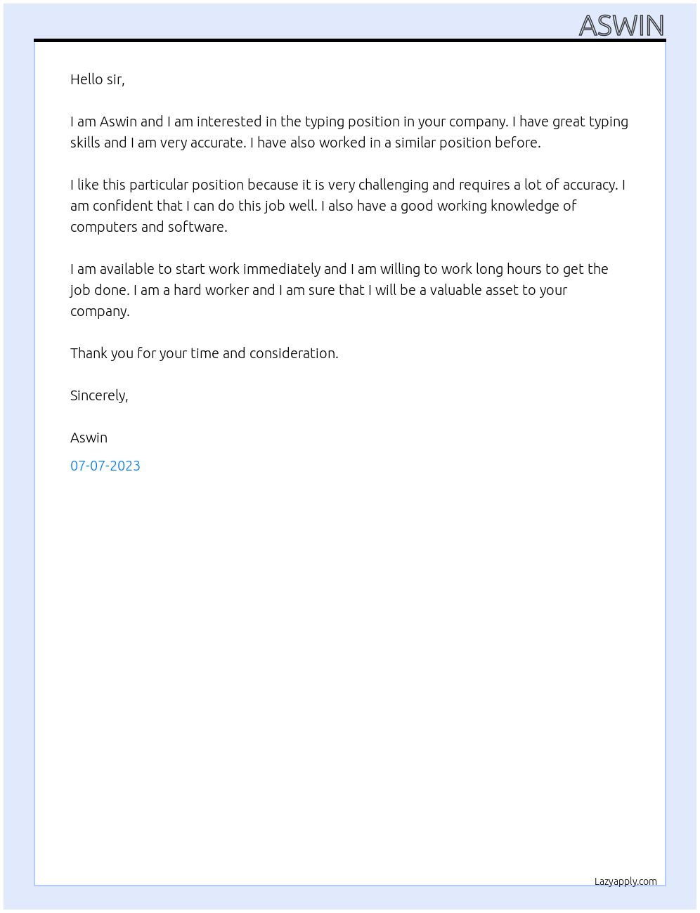 Typing At Sir Cover Letter