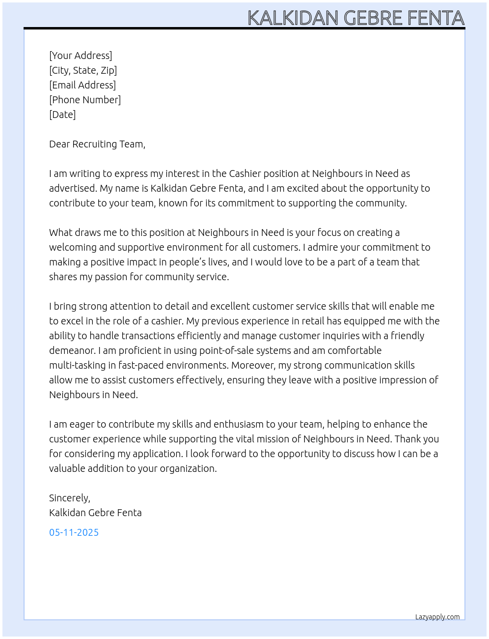 Cashier At Neighbours in Need Cover Letter