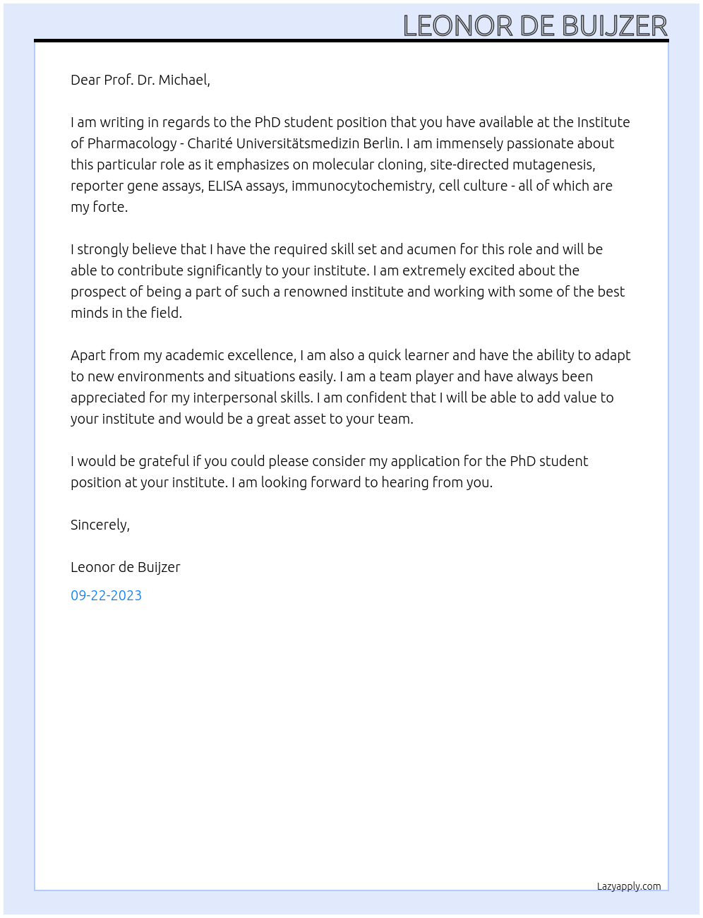 Phd student At Institute of Pharmacology - Charité Universitätsmedizin Berlin Cover Letter