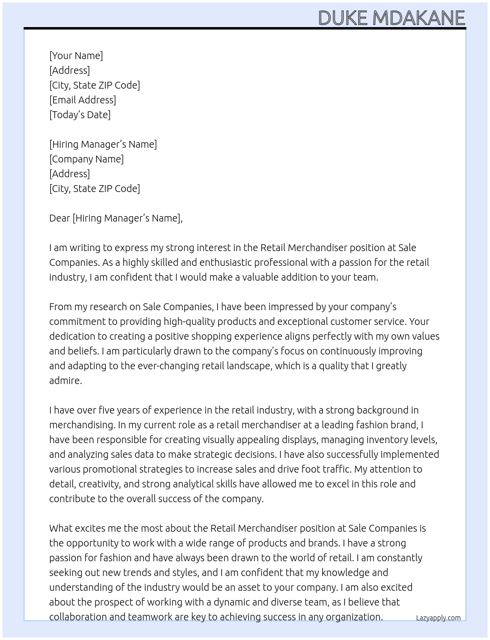 retail merchandiser At sale companies Cover Letter