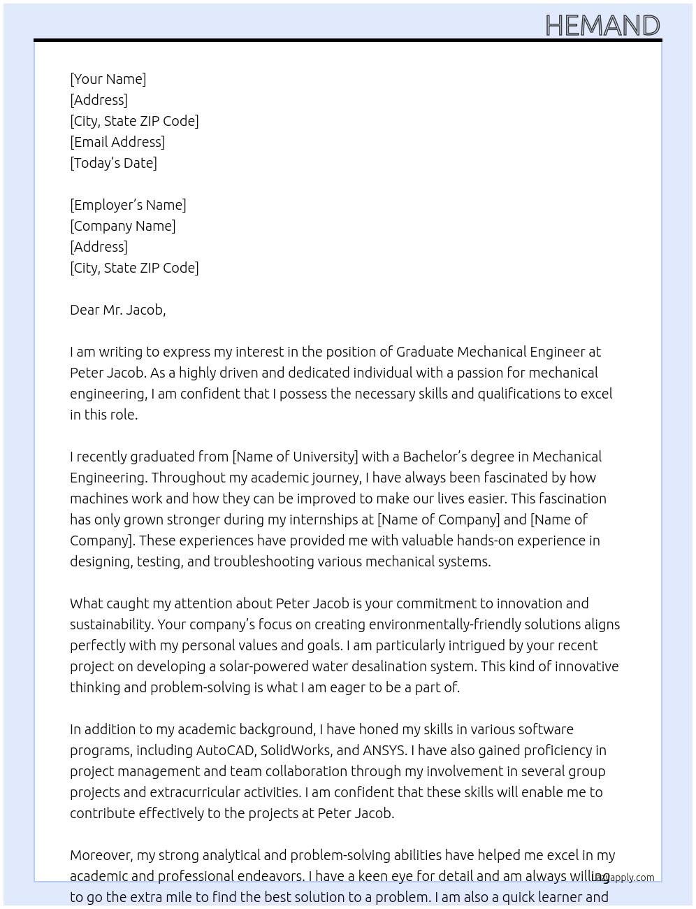 Graduate mechanical engineer  At Peter Jacob  Cover Letter