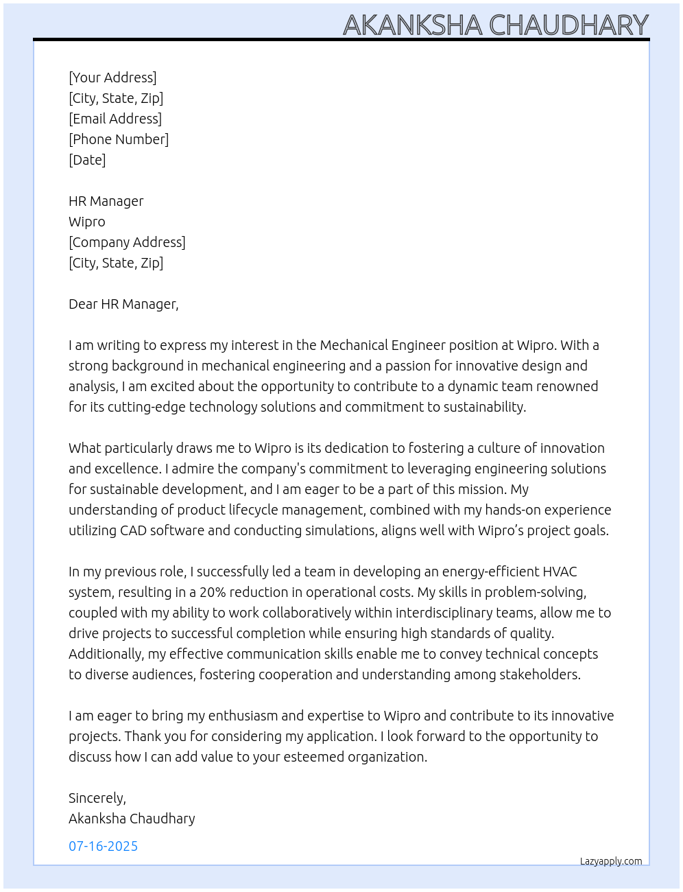 mechanical engineer At wipro Cover Letter