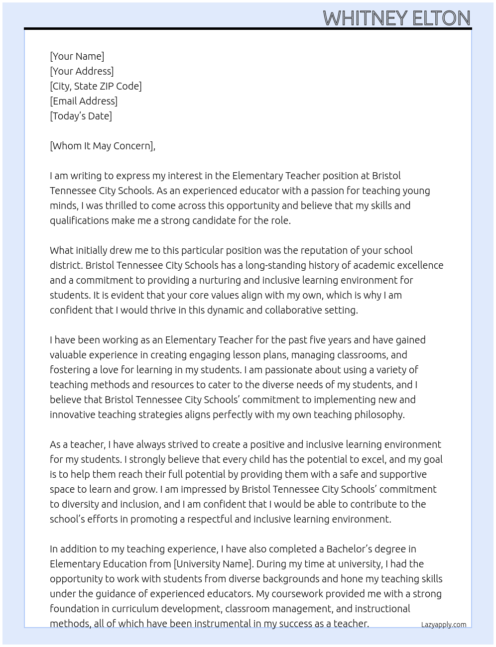 Elementary Teacher At Bristol Tennessee City Schools Cover Letter