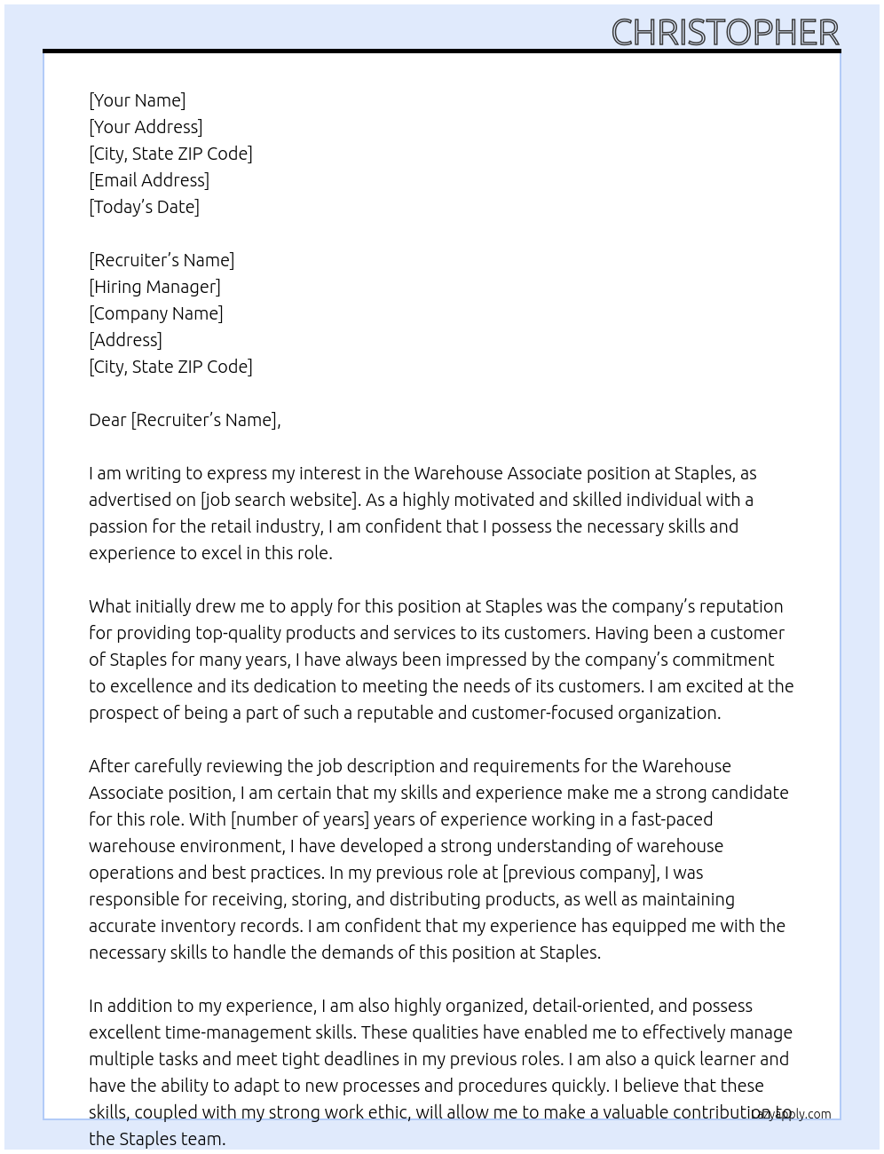 warehouse associate At Staples Cover Letter