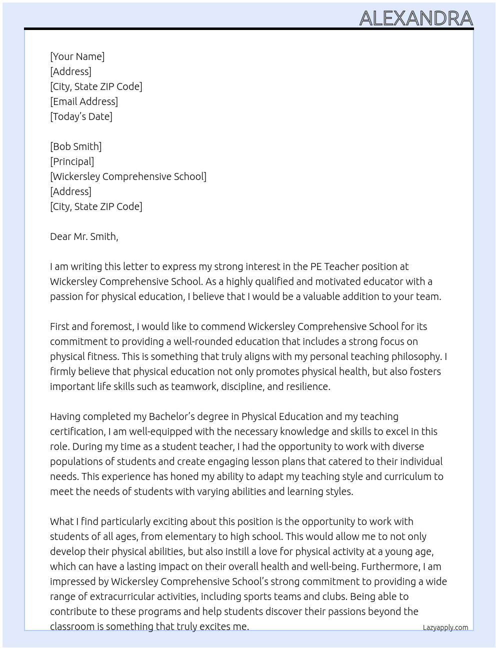 PE Teacher At Wickersley Comprehensice School Cover Letter