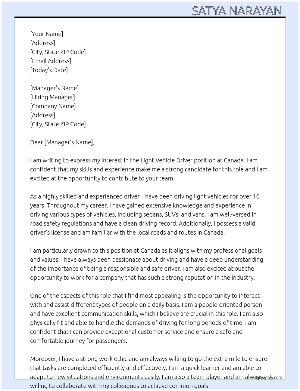 Light vehicle Driver At Canada Cover Letter