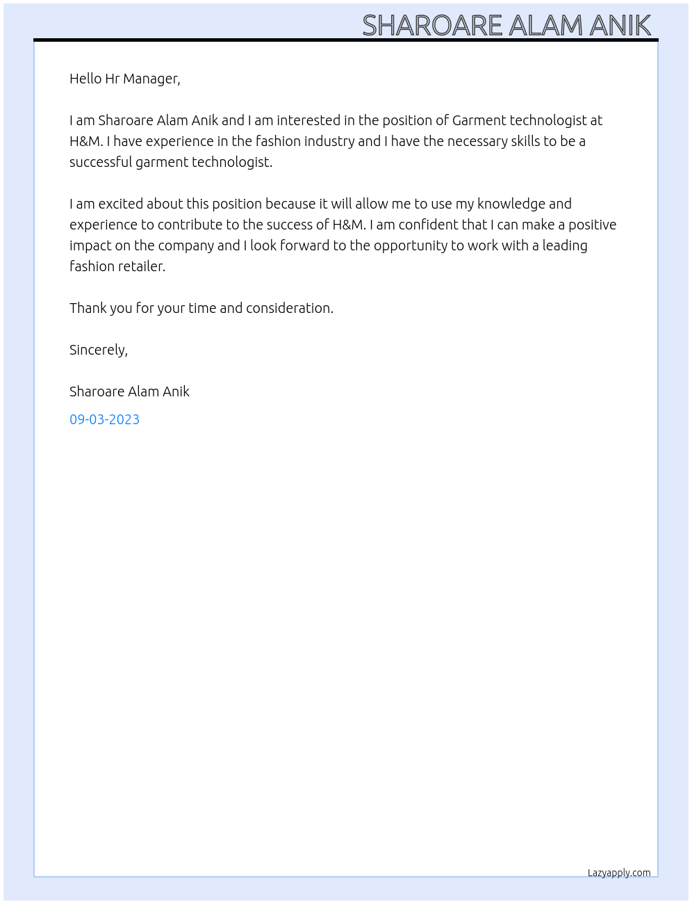 Garment technologist  At H&M Cover Letter