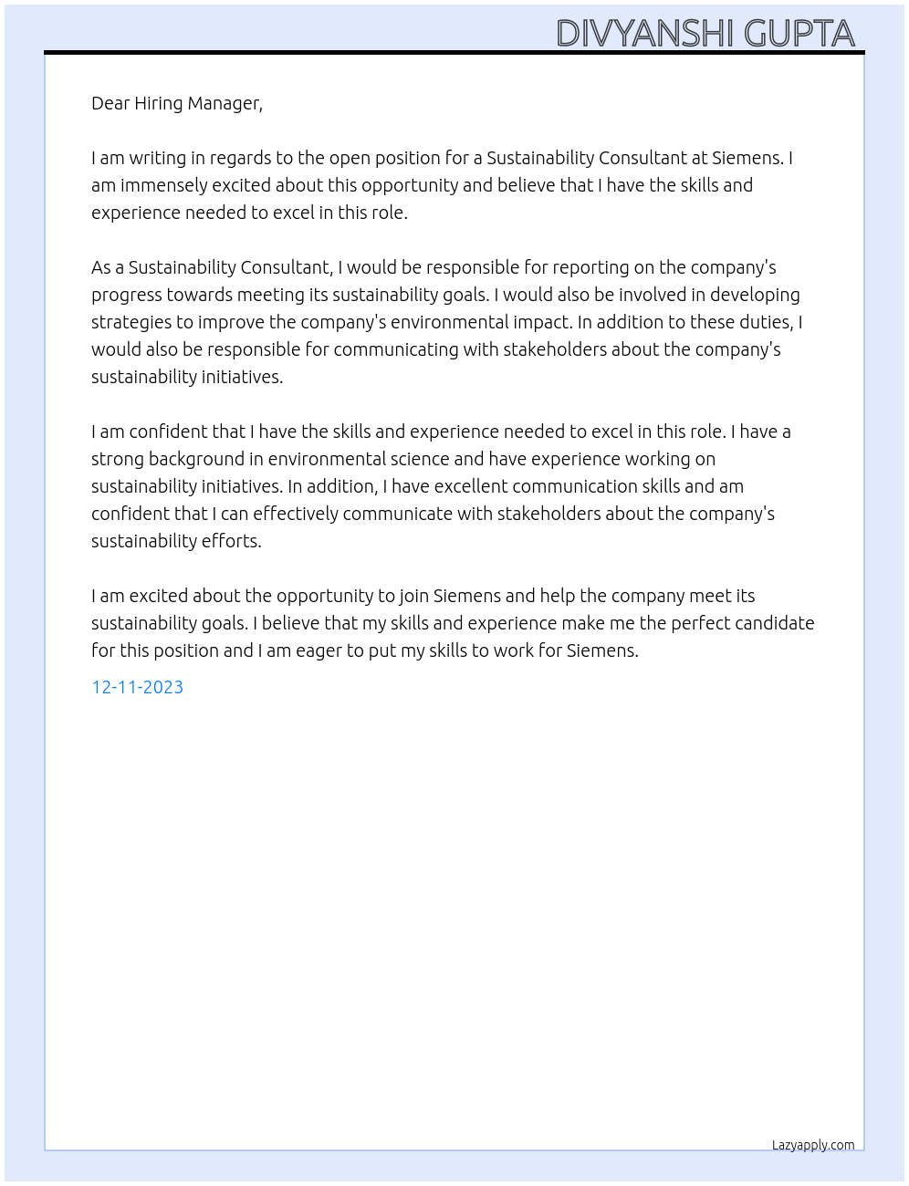 Sustainability Consultant   At siemens Cover Letter