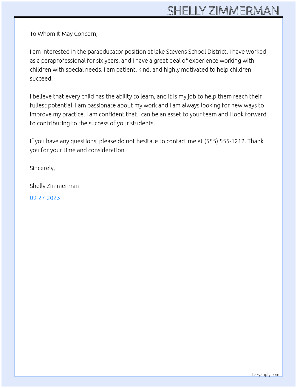 paraeducator At lake Stevens School District Cover Letter