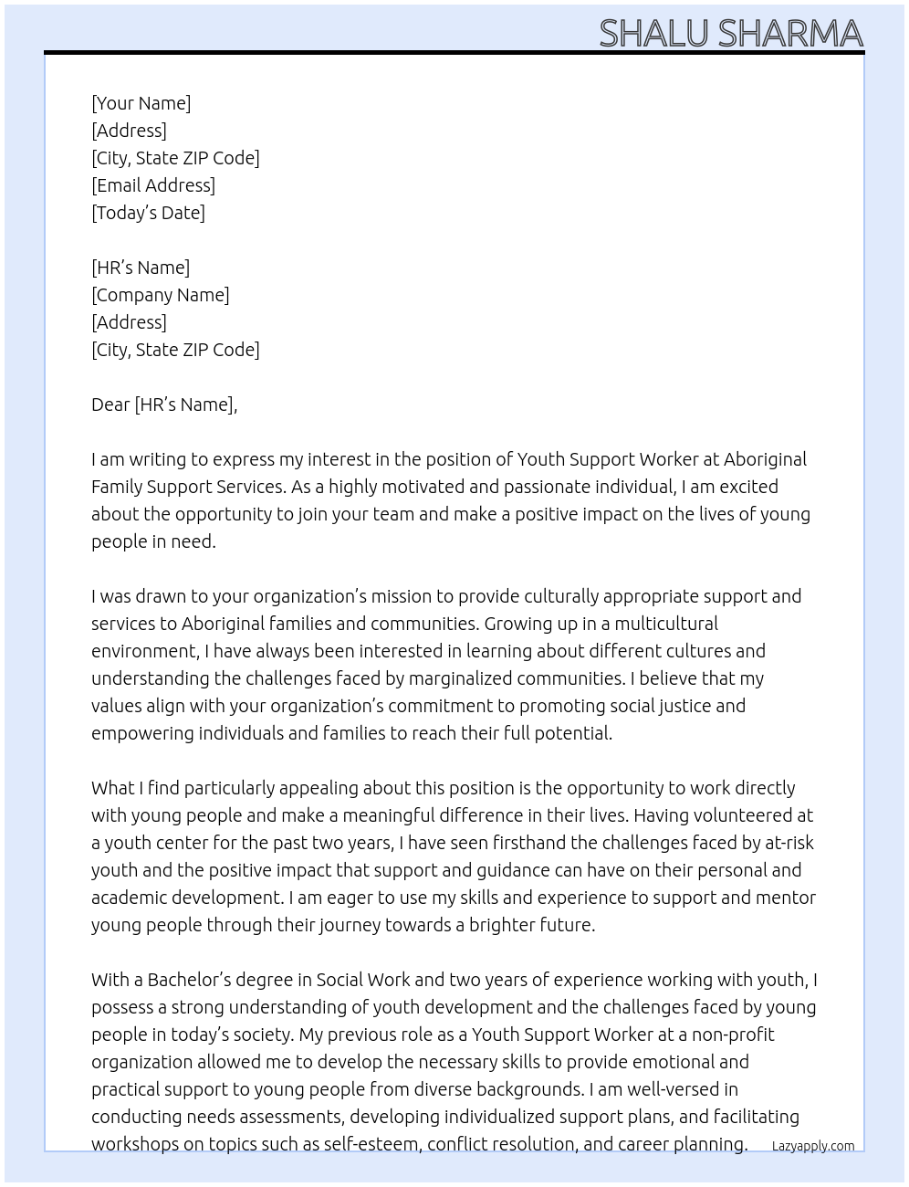 Youth Support Worker At Aboriginal Family Support Services Cover Letter