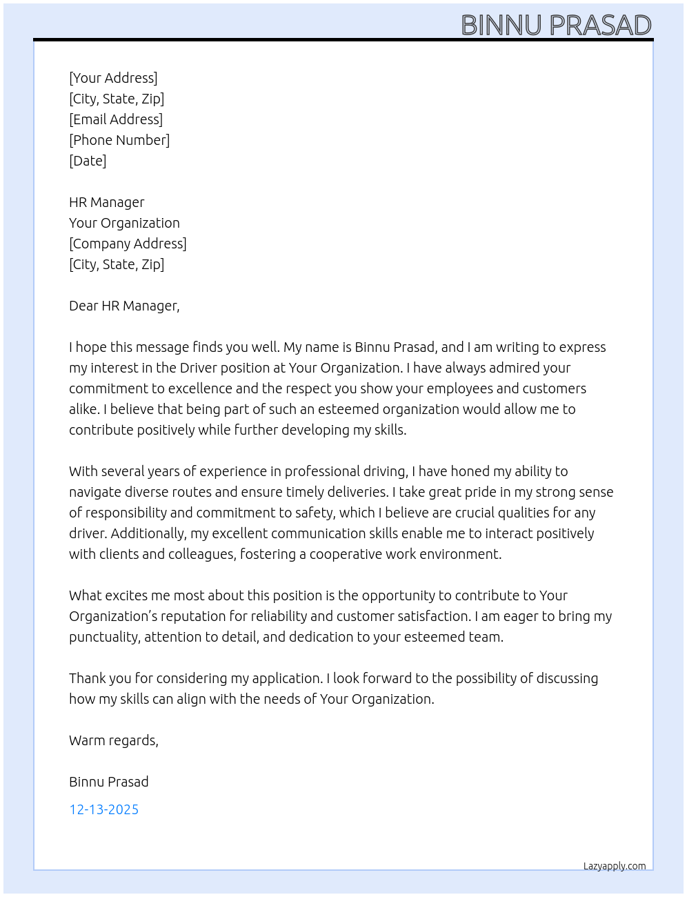 Driver At Your Organization Cover Letter