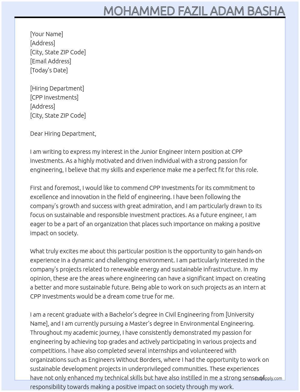Junior Engineer Intern At CPP Investments Cover Letter
