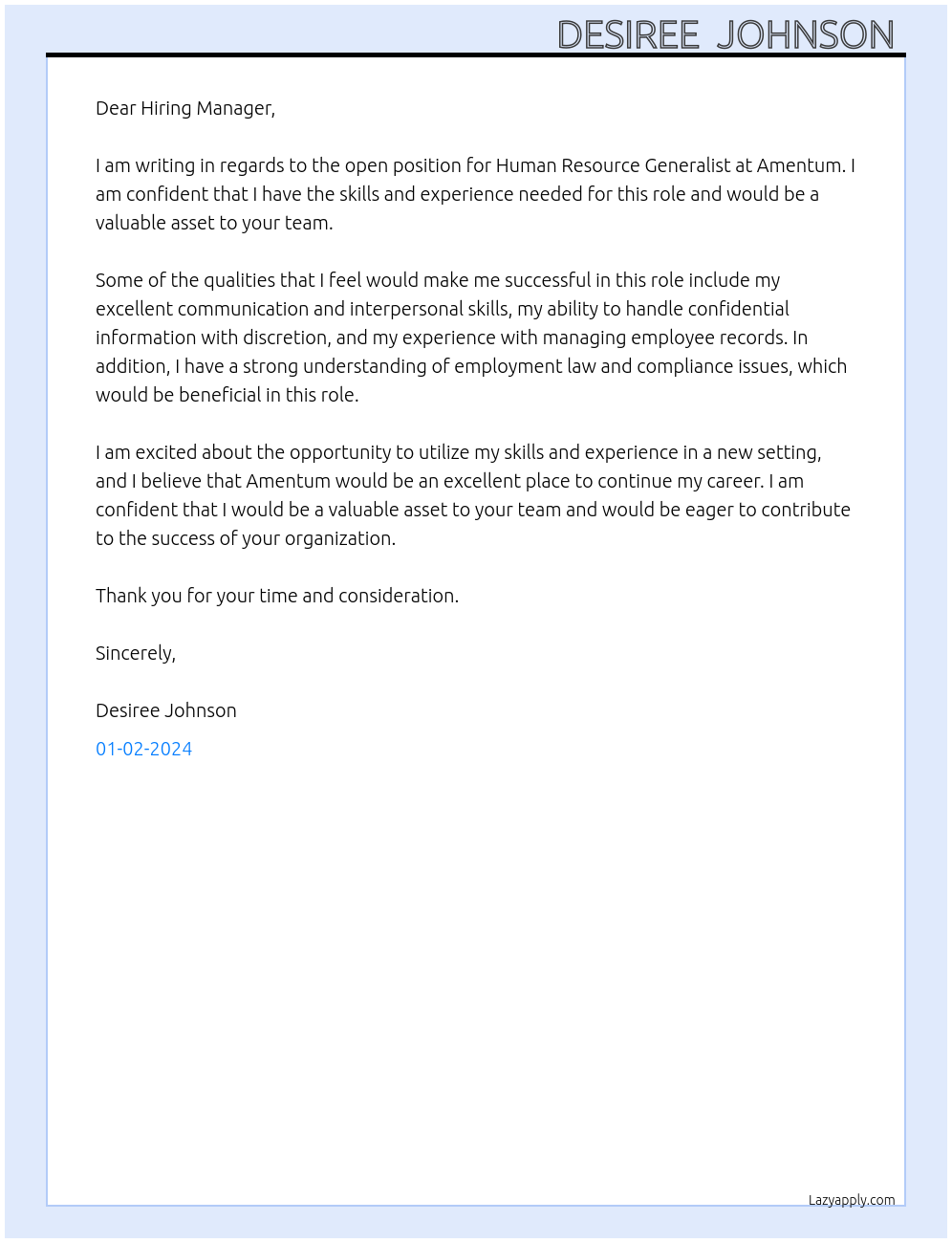 Human Resource Generalist At amentum Cover Letter