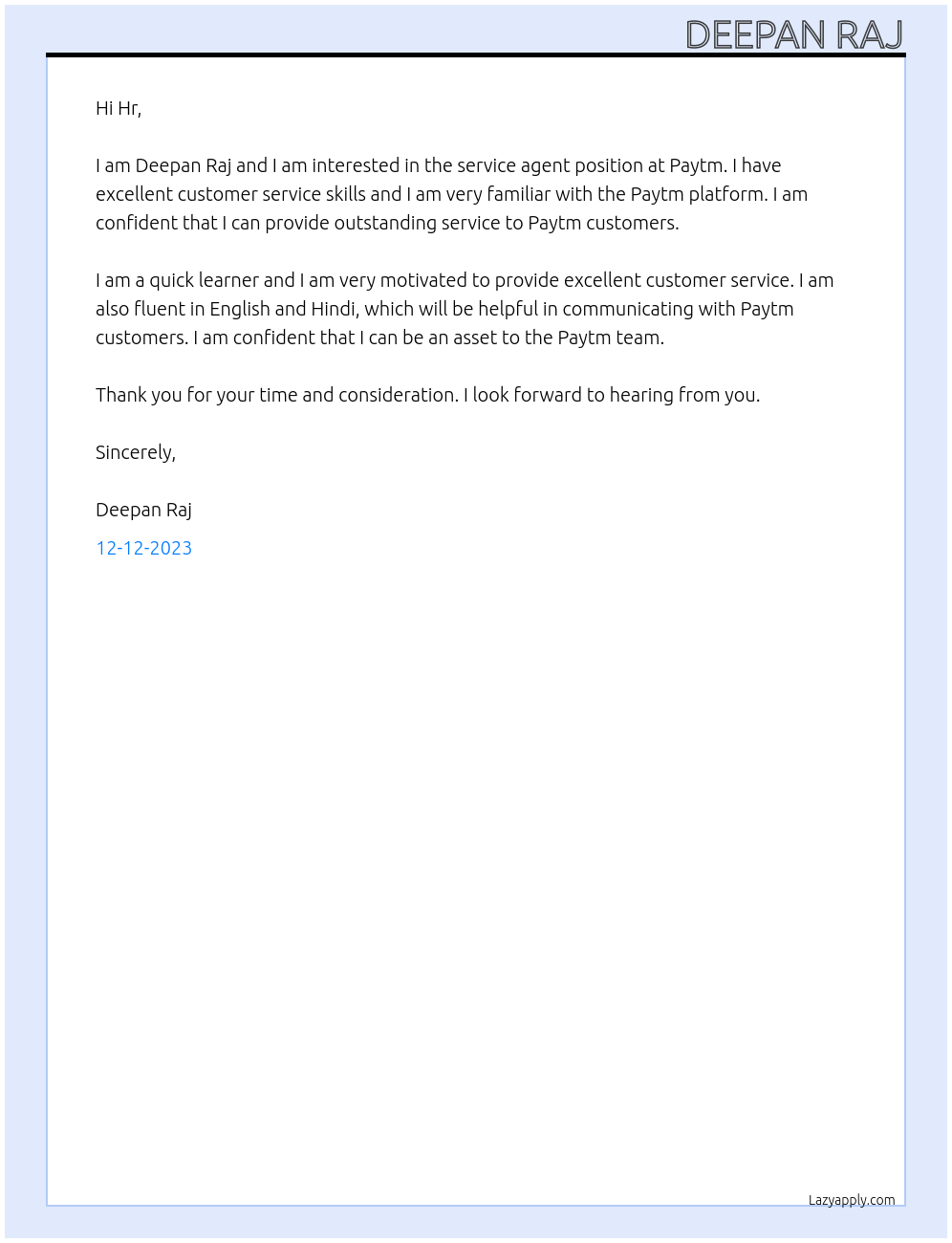 Service agent  At Paytm Cover Letter