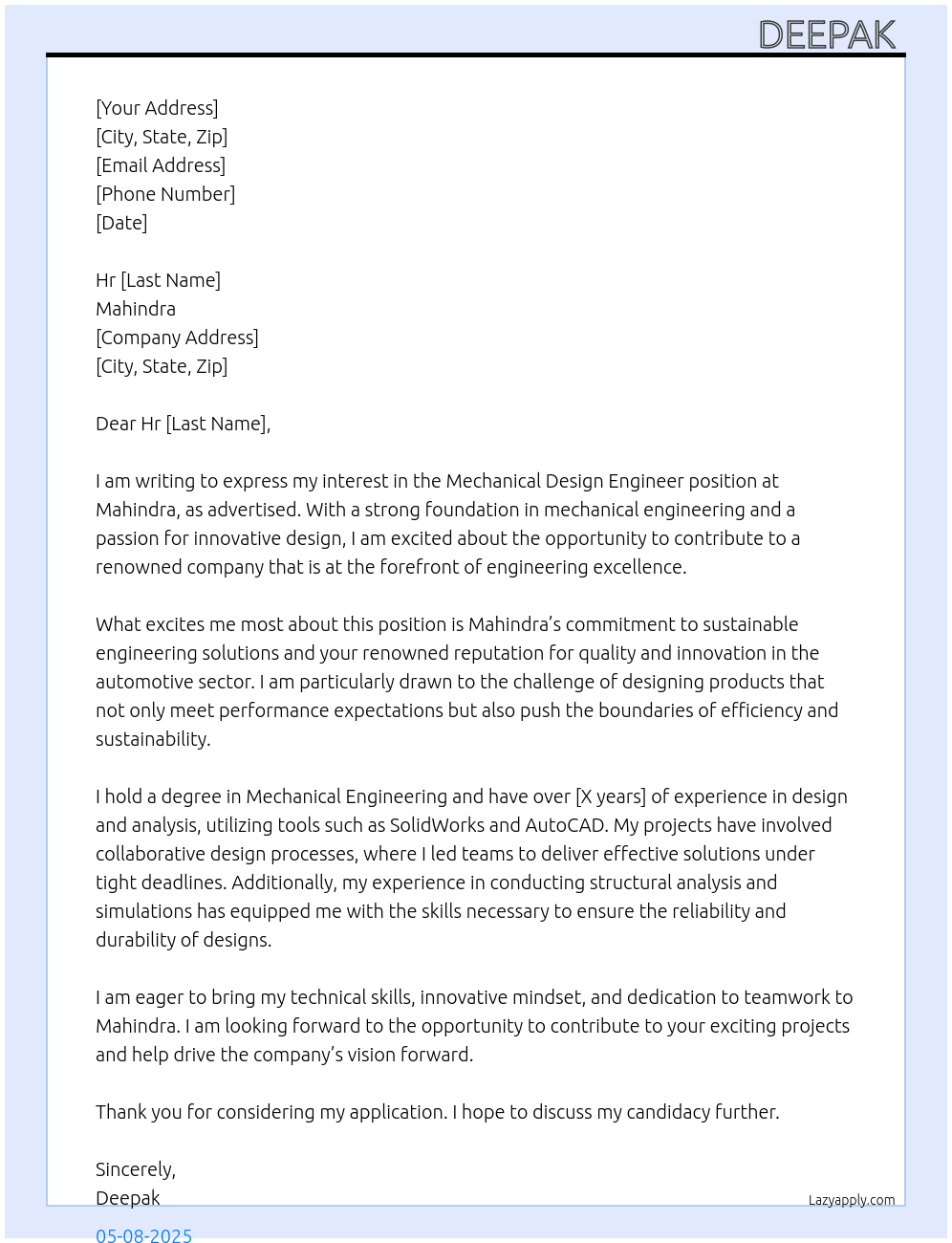 Mechanical Design Engineer At Mahindra Cover Letter