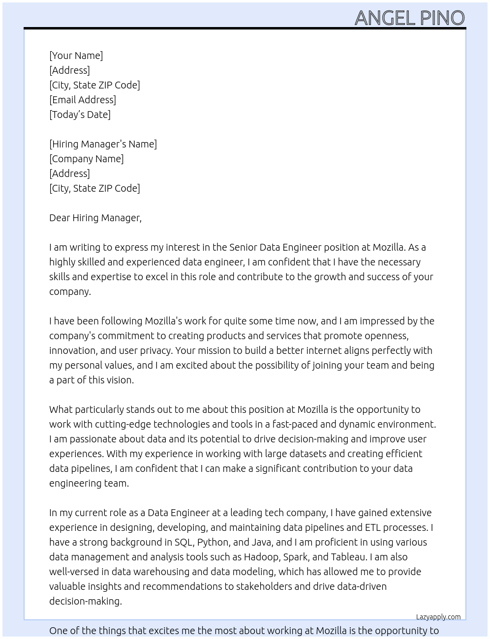Senior Data Engineer At Mozilla Cover Letter