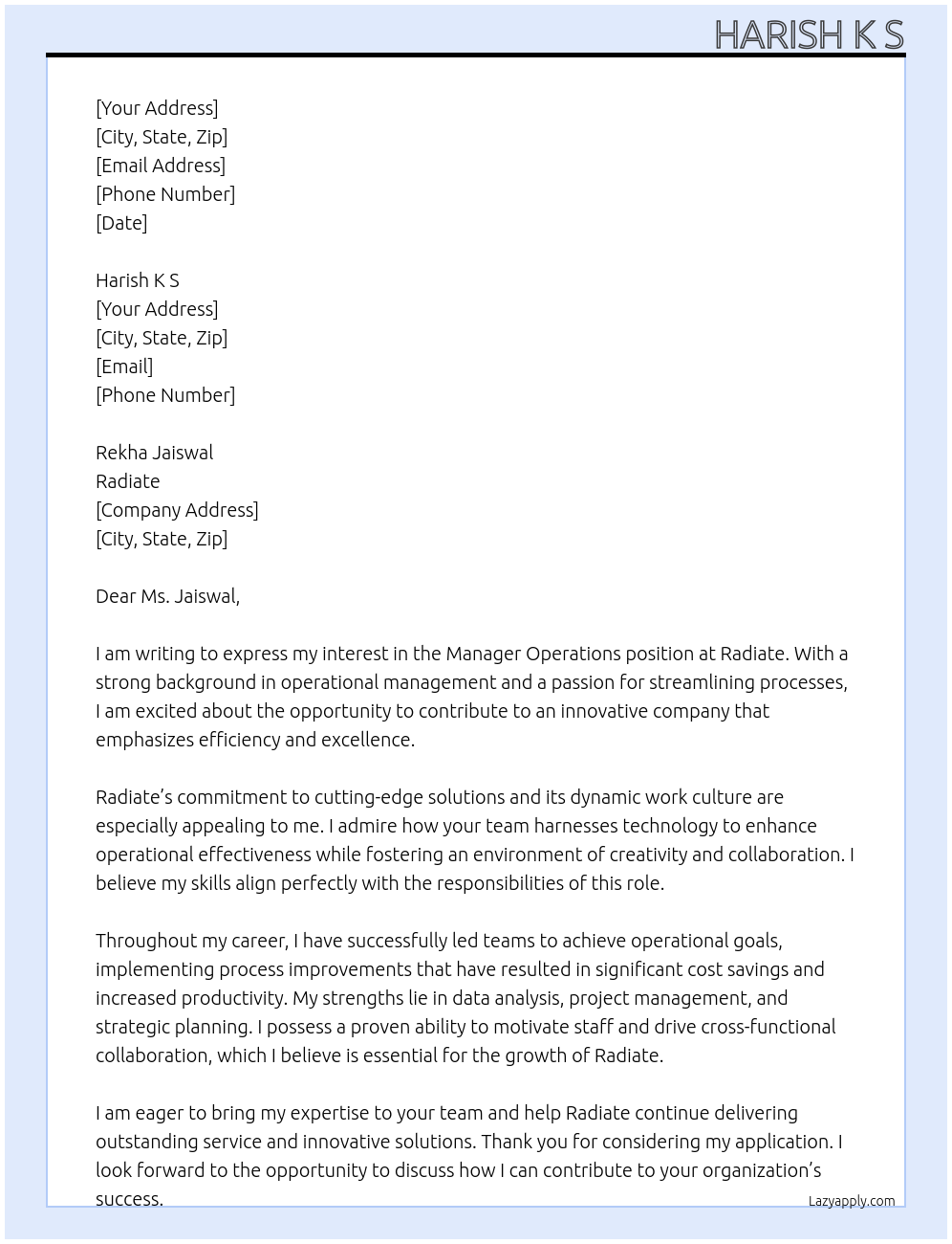 Cover letter for manager operations - LazyApply