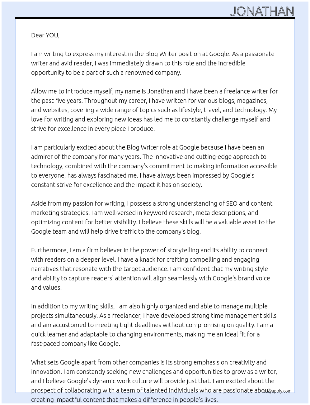 BLOG WRITER At GOOGLE Cover Letter