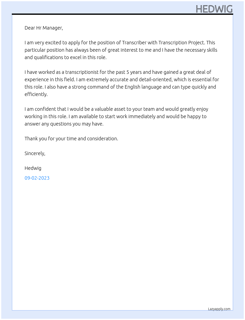 Transcriber At Transcription Project Cover Letter