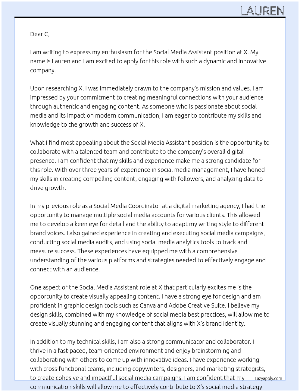 social media assistant At x Cover Letter