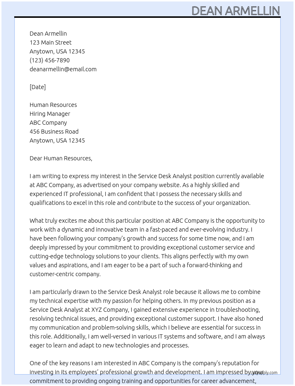 Service Desk Analyst At Hiring Manager Cover Letter