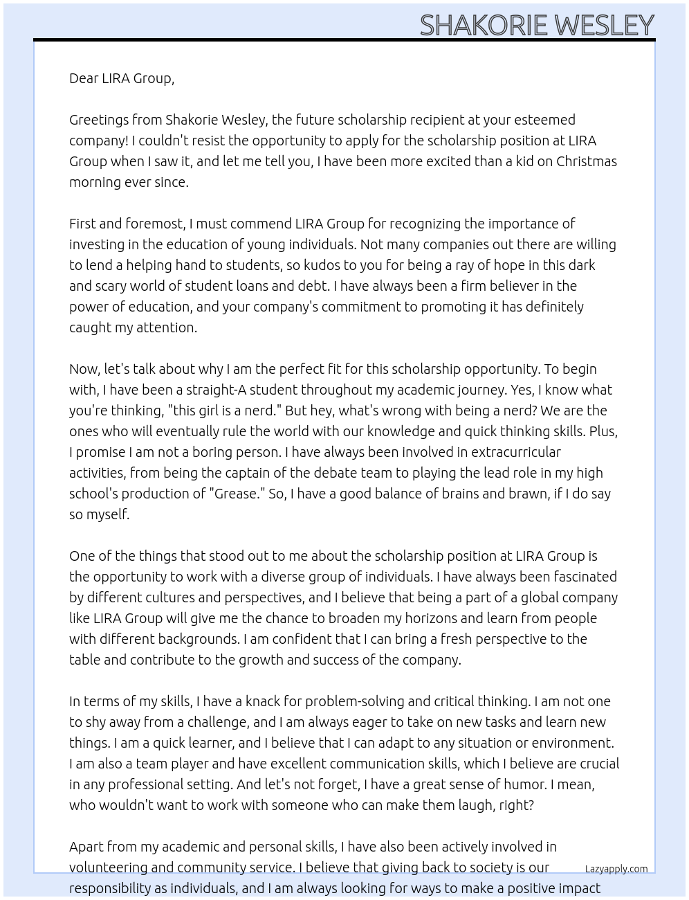 Scholarship At LIRA GROUP Cover Letter