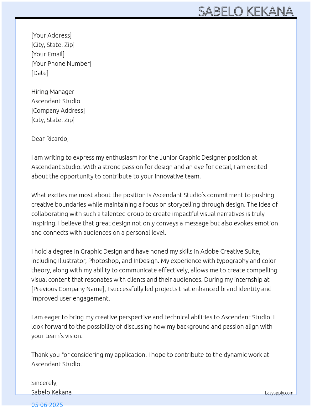 Junior Graphic Designer At Ascendant Studio Cover Letter