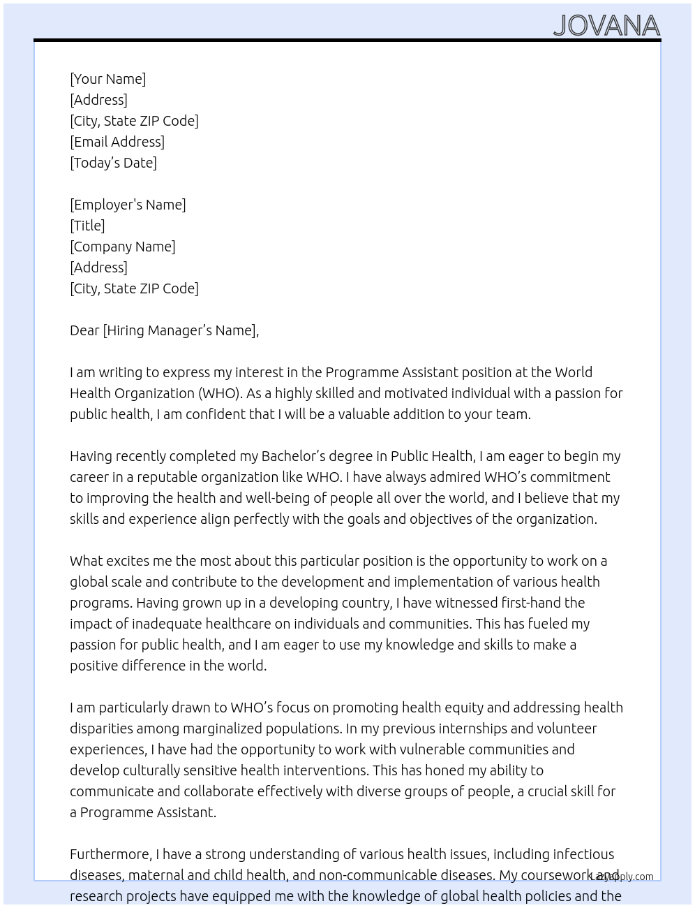 Programme Assistant At World Health Organization Cover Letter