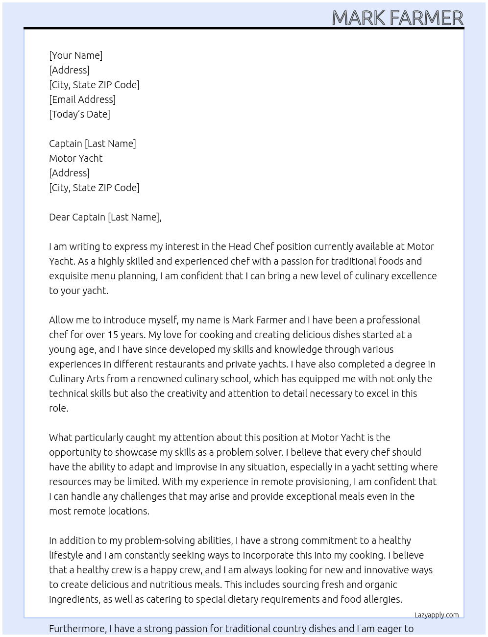 Head Chef At Motor Yacht Cover Letter