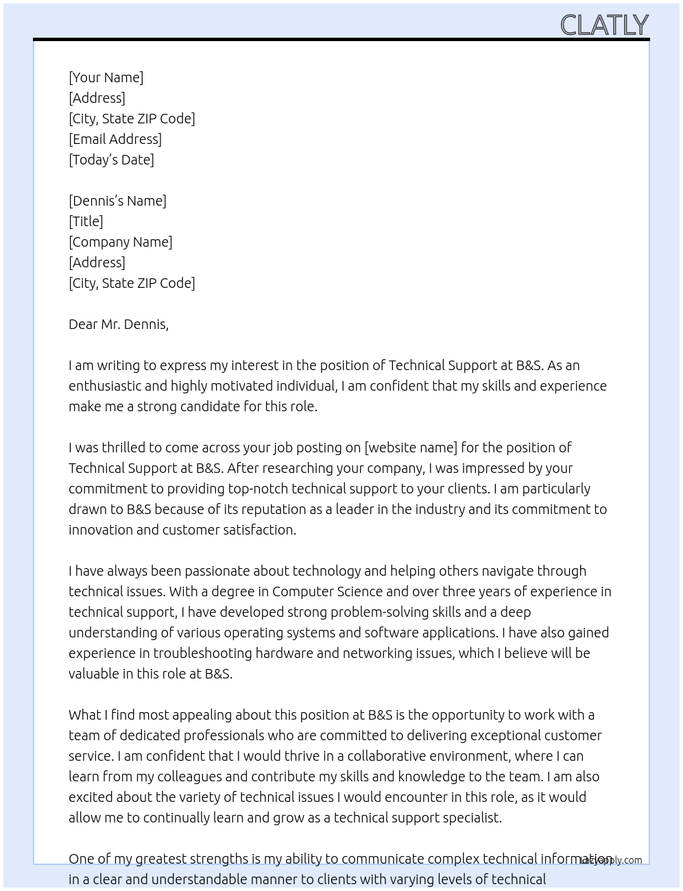 Technical Support At B&S Cover Letter