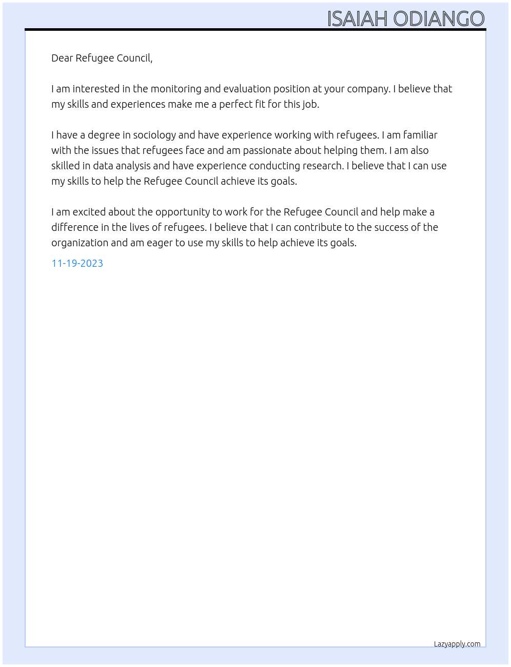 monitoring and evaluation At refugee council Cover Letter