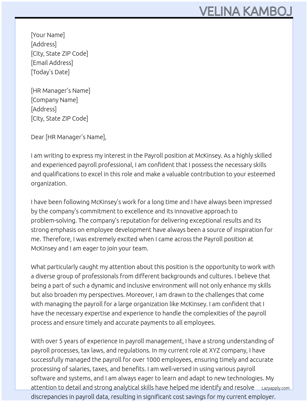 Payroll At Mckinsey Cover Letter