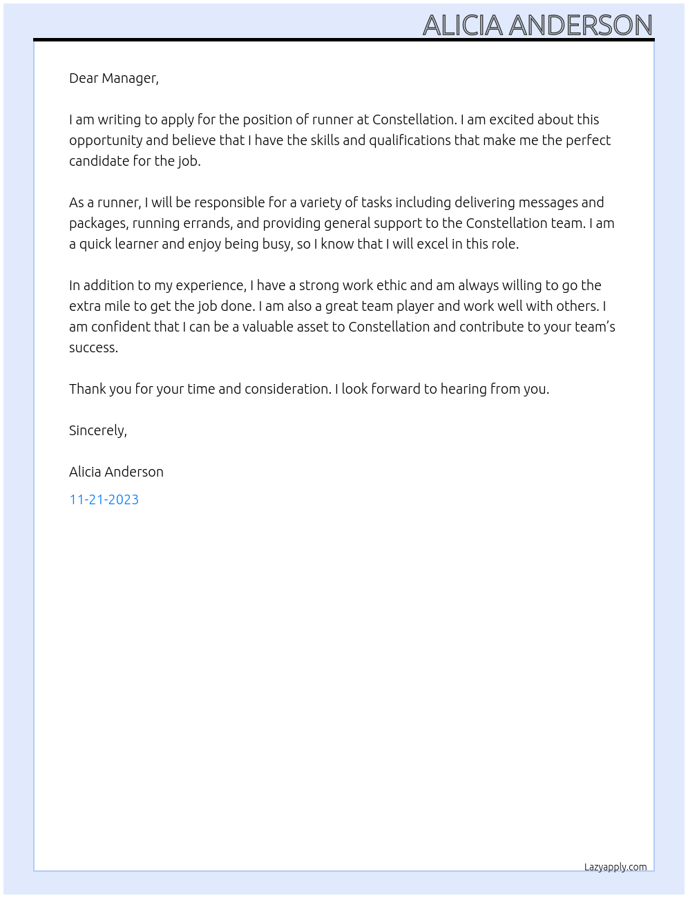 runner At constellaion Cover Letter