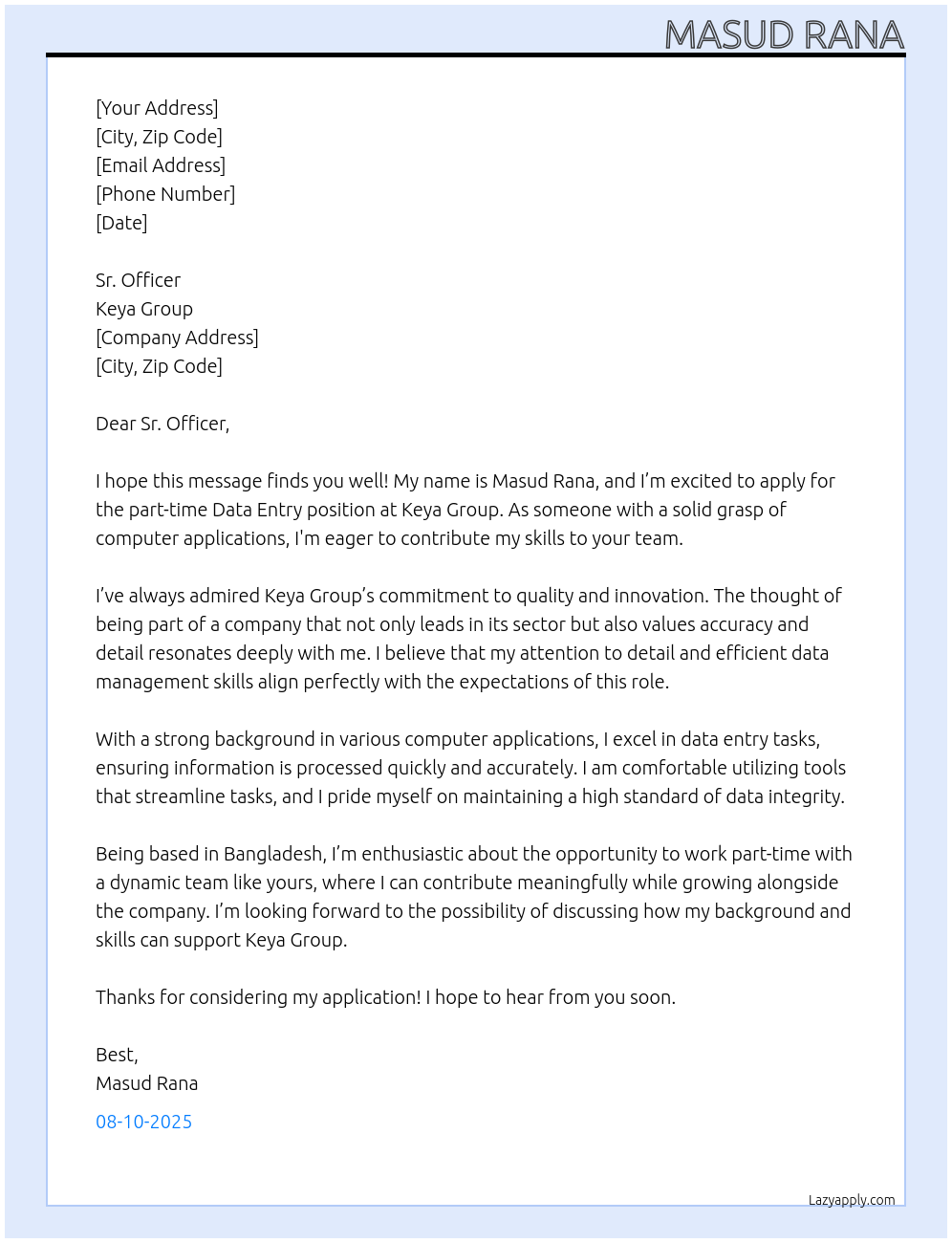 Data entry At Keya Group Cover Letter