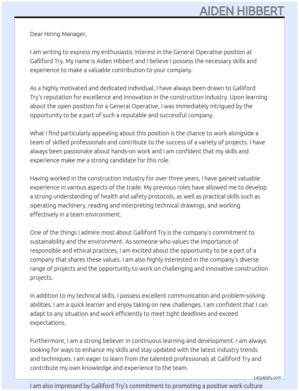 General operative  At Galliford try Cover Letter