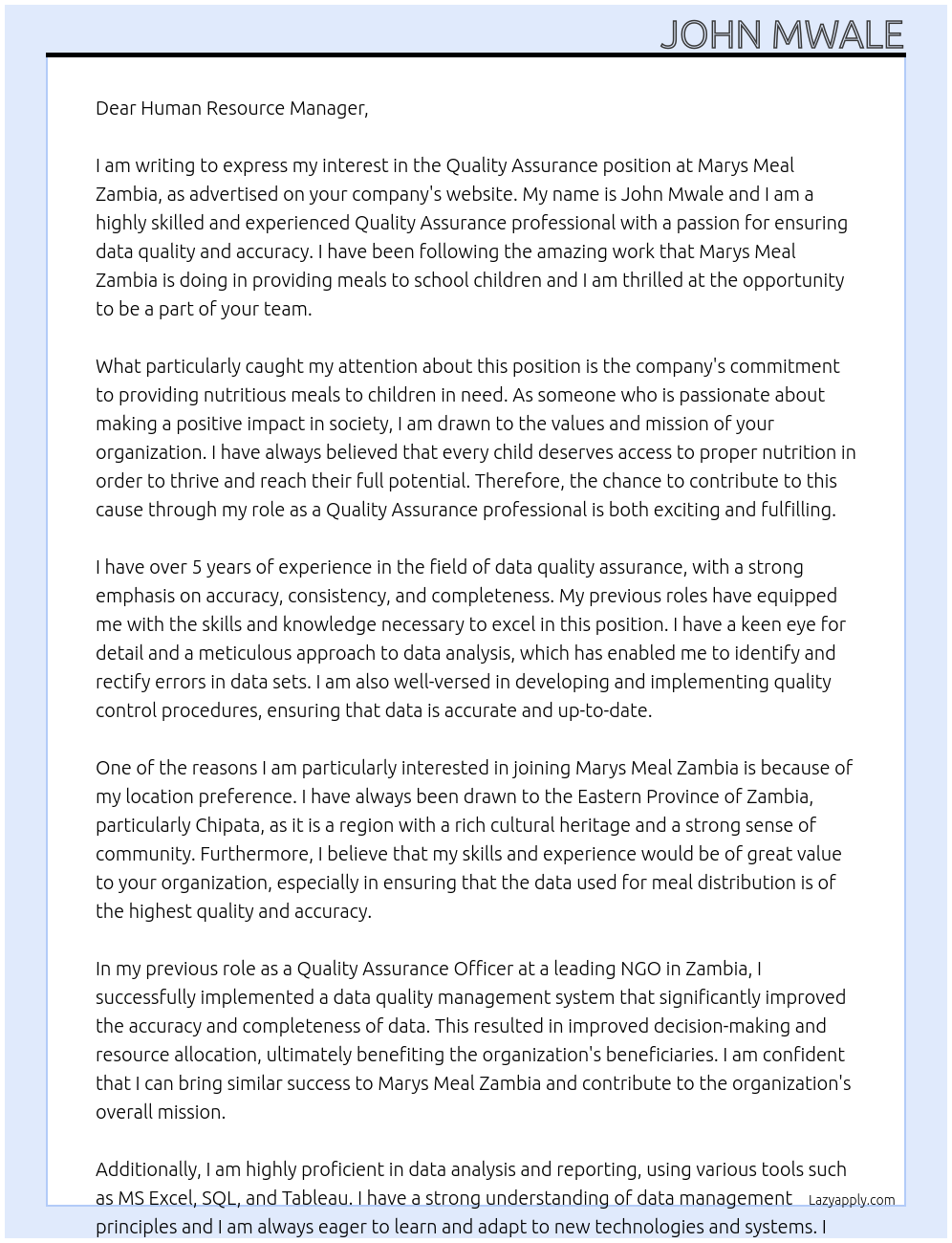 Quality Assurance At Marys Meal Zambia Cover Letter