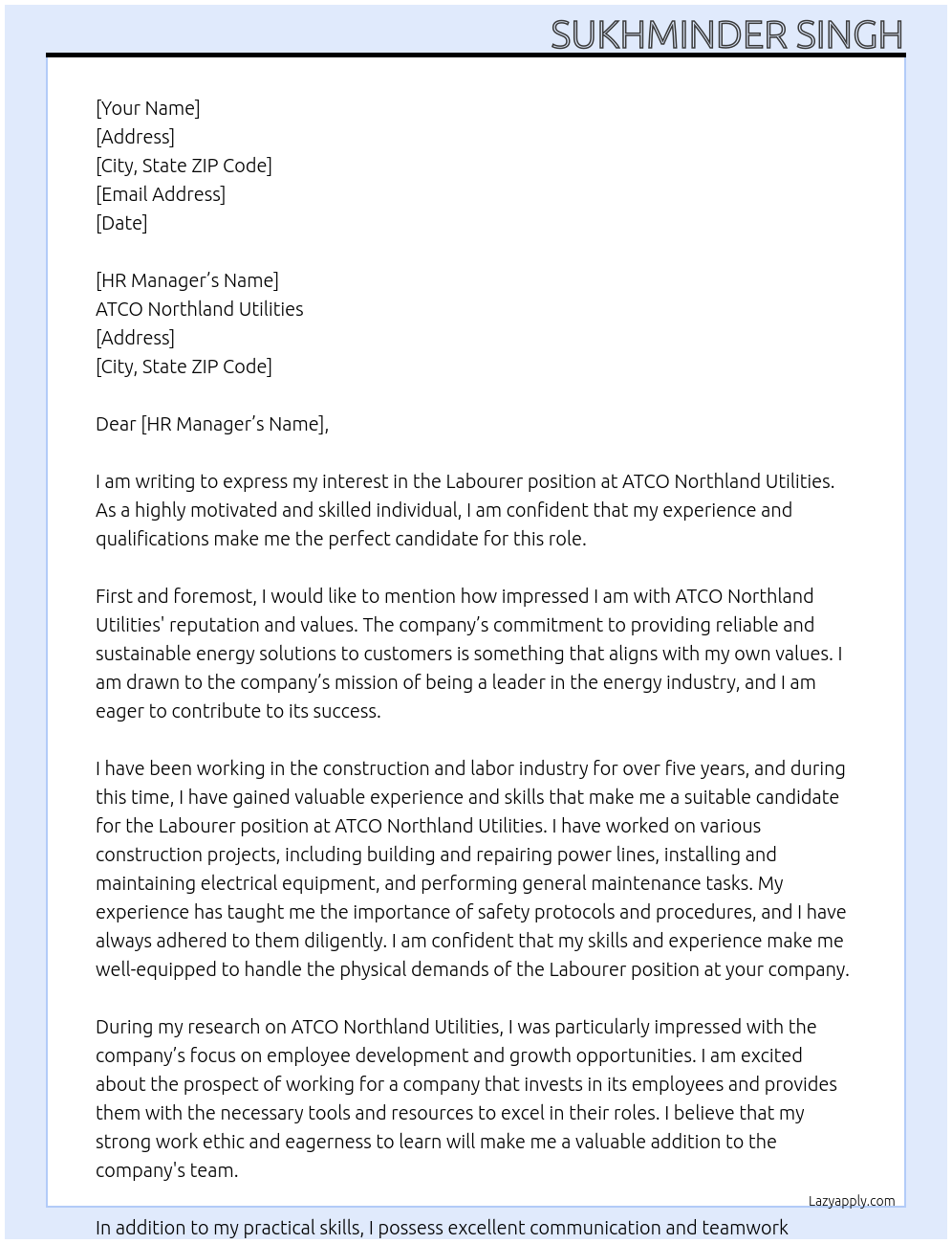 Labourer At ATCO Northland Utilities Cover Letter